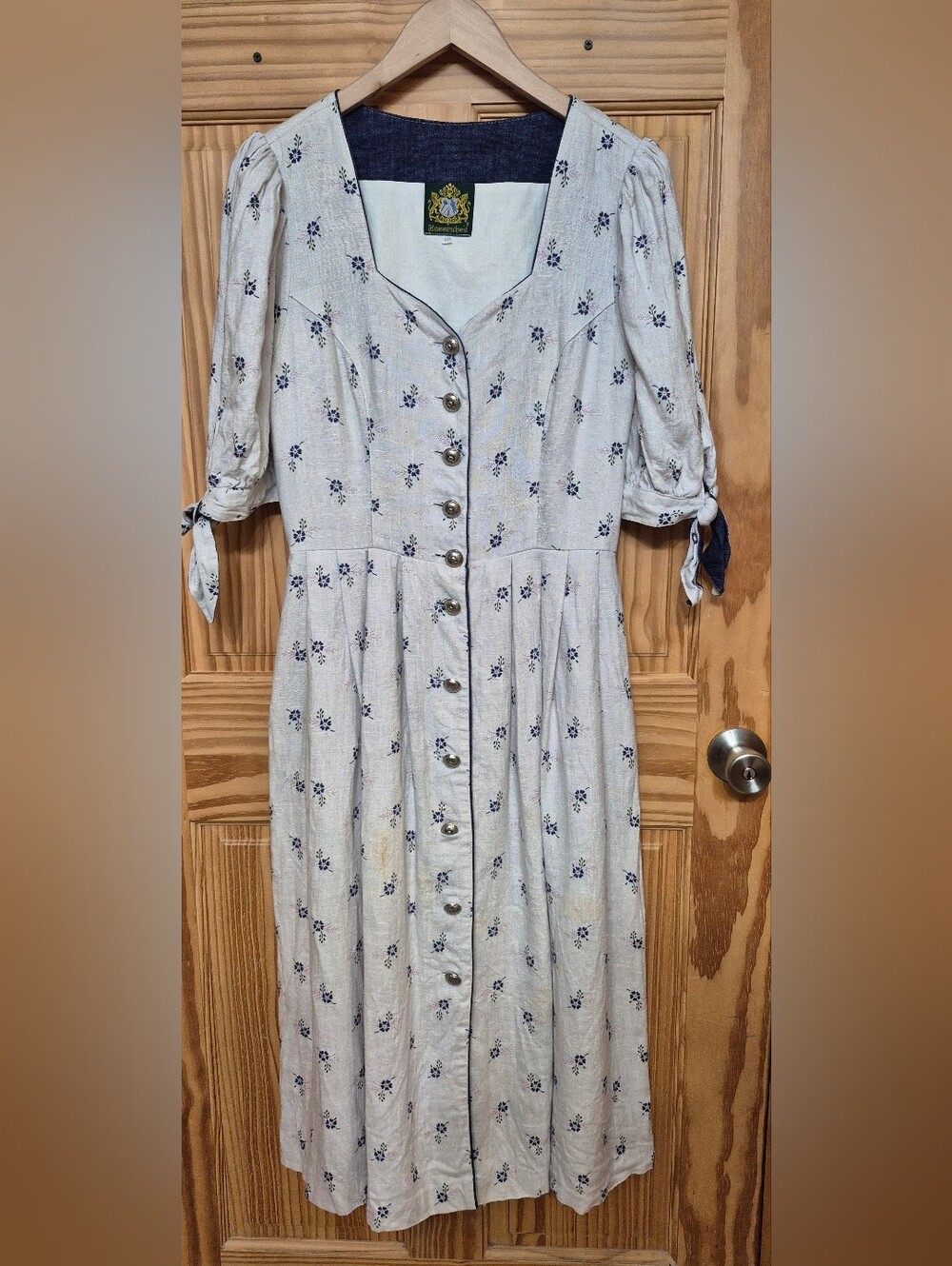 Vintage Hammerschmid Linen Trachten Midi Dress Cream Blue Floral Size 40 *Flawed